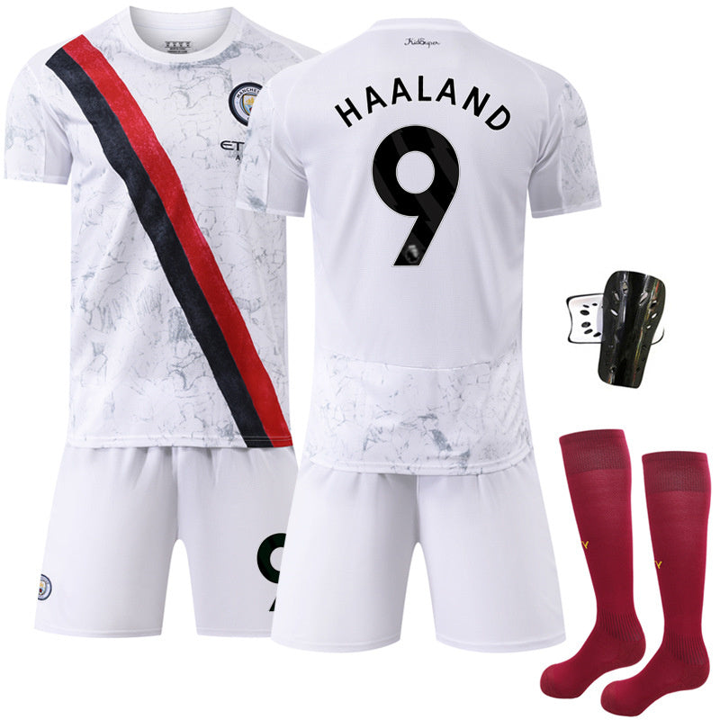 Beakey Manchester City Away Jersey White HAALAND #9 Soccer Jersey Kids Adult 4Pcs Jersey Kits