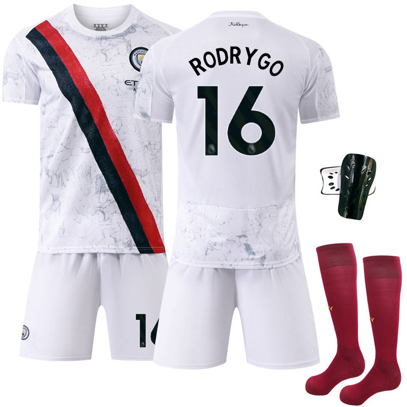Beakey Manchester City Away Jersey White RODRIGO #16 Soccer Jersey Kids Adult 4Pcs Jersey Kits