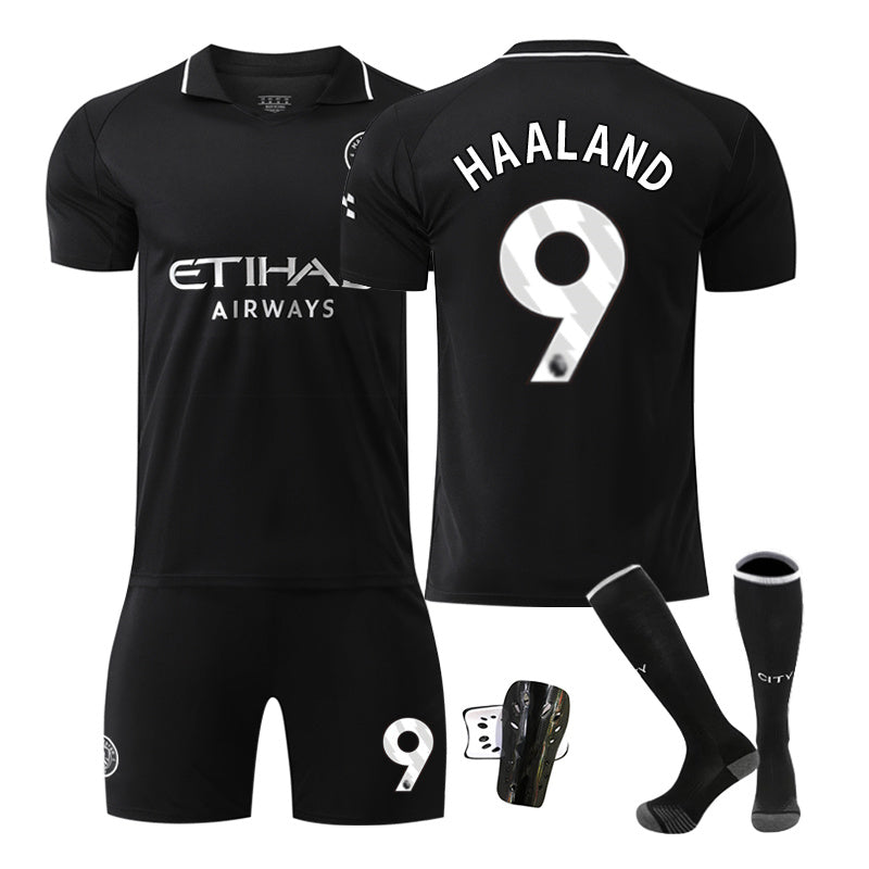 Beakey Manchester City Away Jersey Black HAALAND #9 Soccer Jersey Kids Adult 4Pcs Jersey Kits