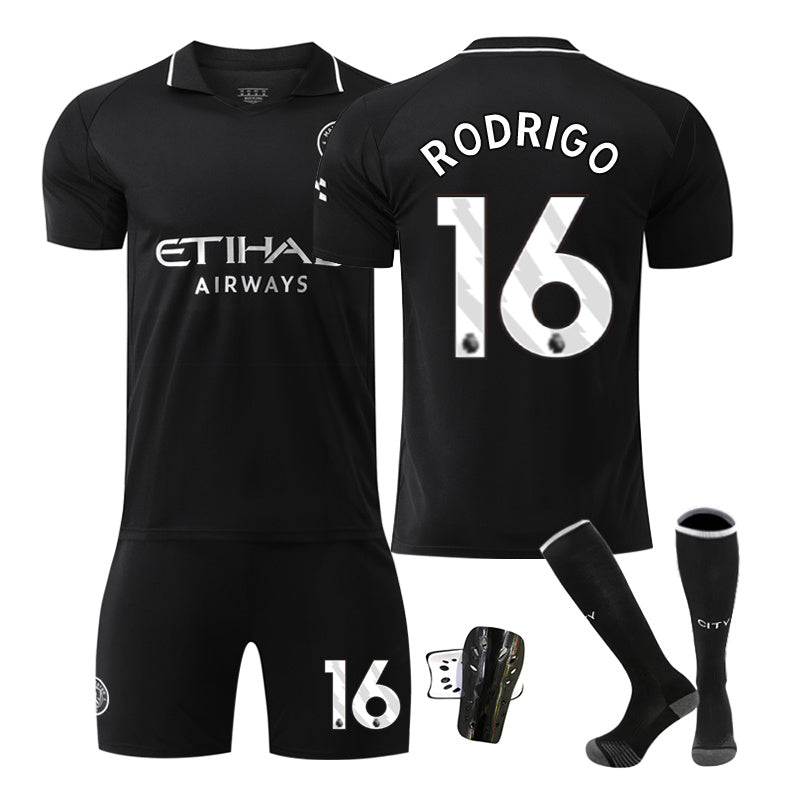 Beakey Manchester City Away Jersey Black RODRIGO #16 Soccer Jersey Kids Adult 4Pcs Jersey Kits