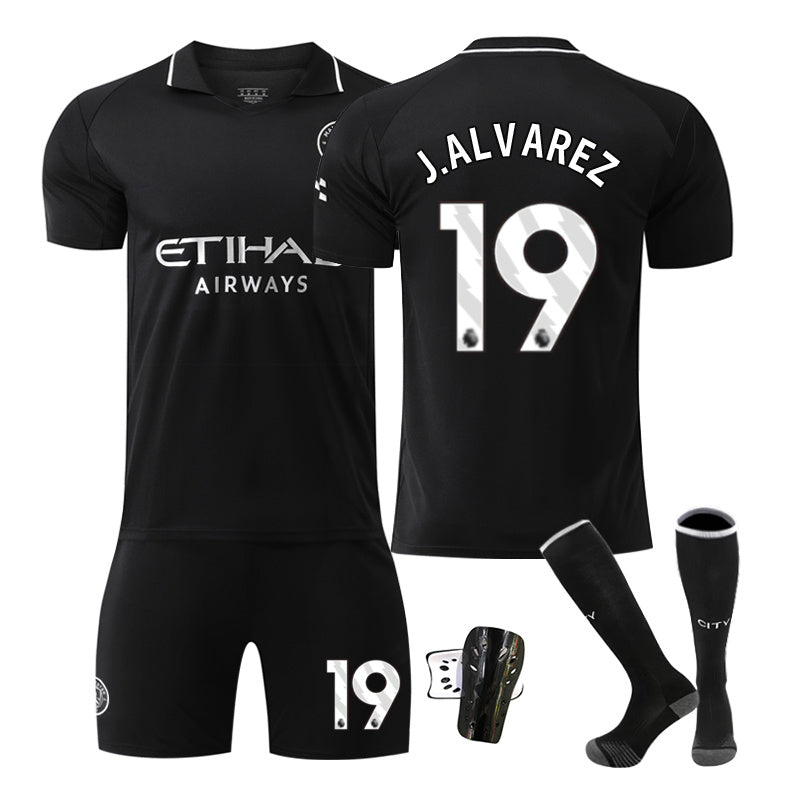 Beakey Manchester City Away Jersey Black J ALVAREZ #19 Soccer Jersey Kids Adult 4Pcs Jersey Kits