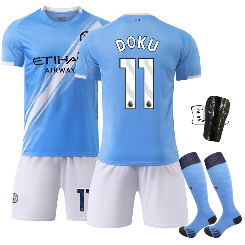 Beakey Manchester City Home Jersey DOKU #11 Soccer Jersey Kids Adult 4Pcs Jersey Kits
