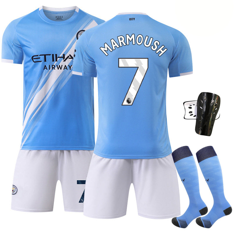 Beakey Manchester City Home Jersey MARMOUSH #7 Soccer Jersey Kids Adult 4Pcs Jersey Kits