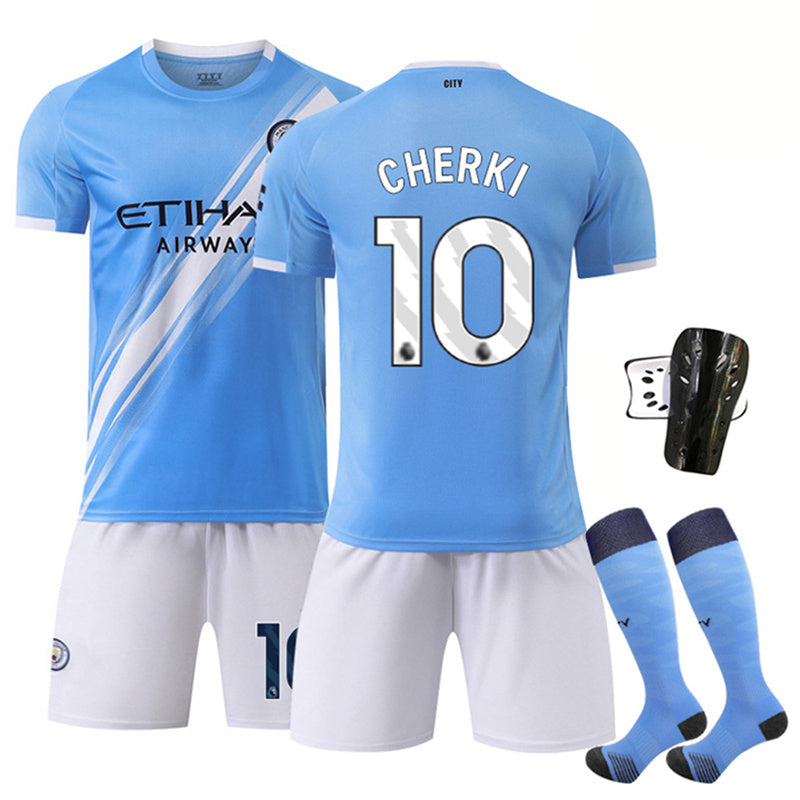 Beakey Manchester City Home Jersey CHERKI #10 Soccer Jersey Kids Adult 4Pcs Jersey Kits