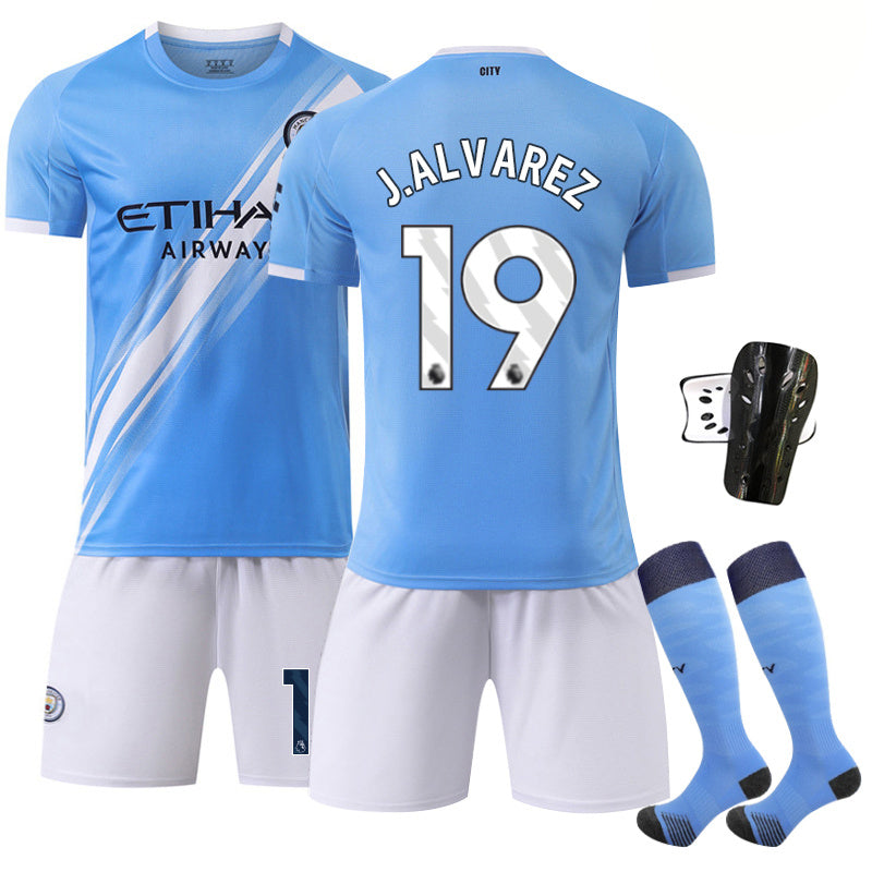 Beakey Manchester City Home Jersey J ALVAREZ #19 Soccer Jersey Kids Adult 4Pcs Jersey Kits