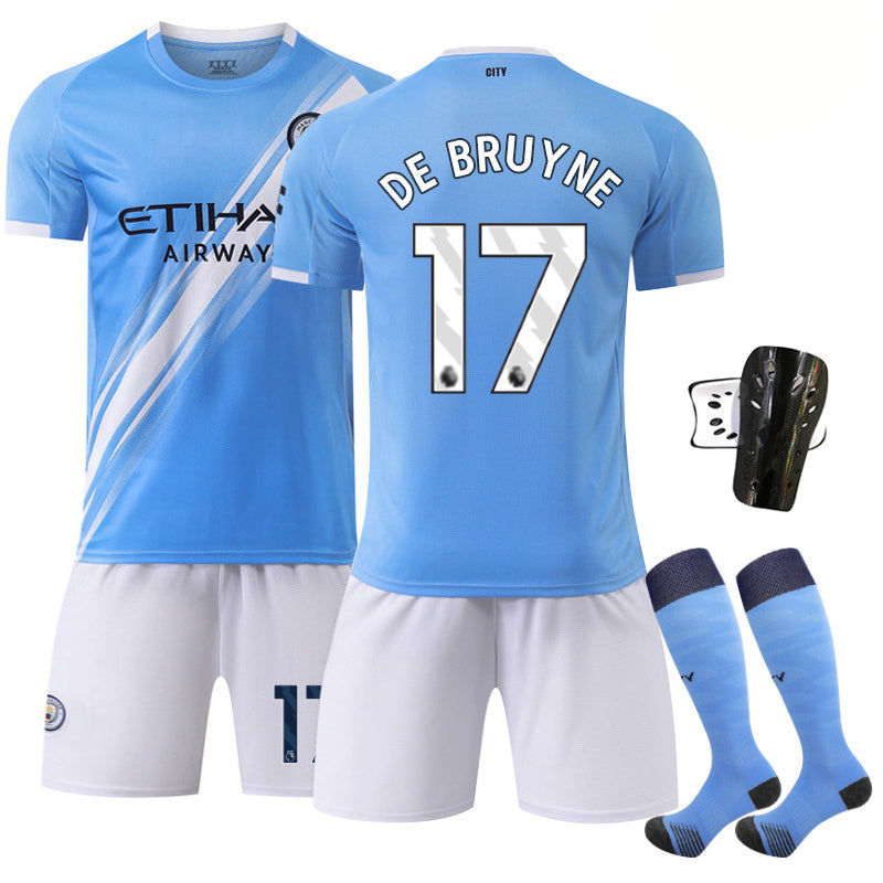 Beakey Manchester City Home Jersey DE BRUYNE #17 Soccer Jersey Kids Adult 4Pcs Jersey Kits
