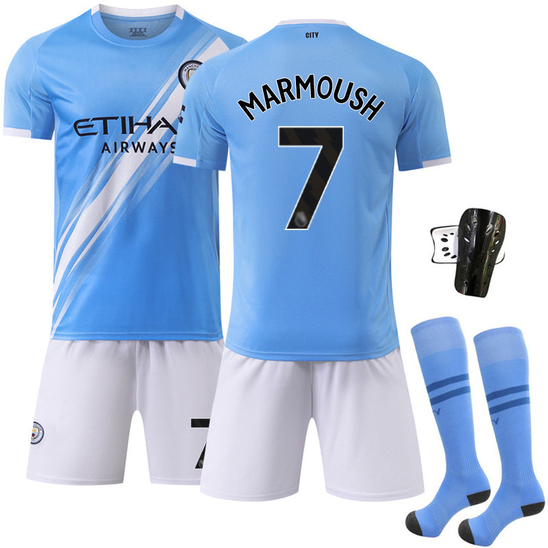 Beakey Manchester City Home Jersey Black Font MARMOUSH #7 Soccer Jersey Kids Adult 4Pcs Jersey Kits