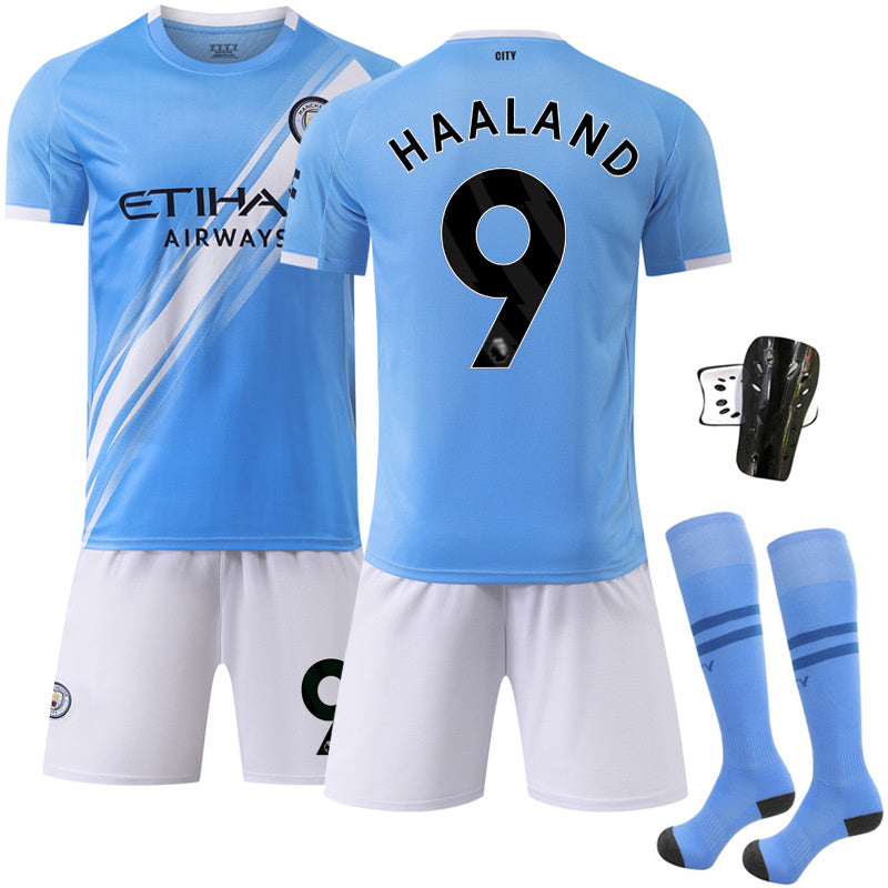 Beakey Manchester City Home Jersey Black Font HAALAND #9 Soccer Jersey Kids Adult 4Pcs Jersey Kits