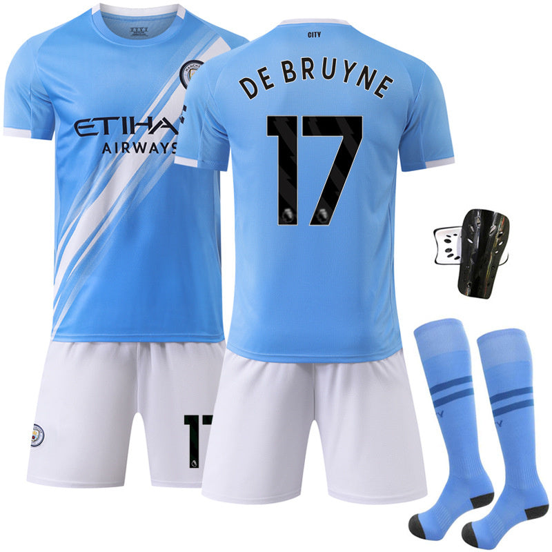 Beakey Manchester City Home Jersey Black Font DE BRUYNE #17 Soccer Jersey Kids Adult 4Pcs Jersey Kits
