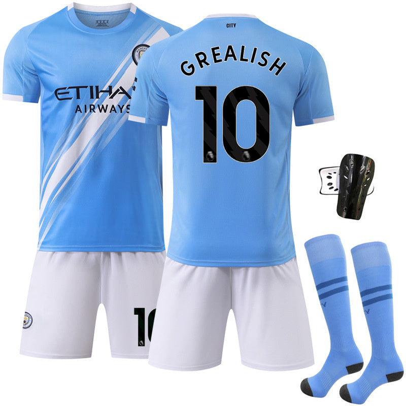 Beakey Manchester City Home Jersey Black Font GREALISH #10 Soccer Jersey Kids Adult 4Pcs Jersey Kits