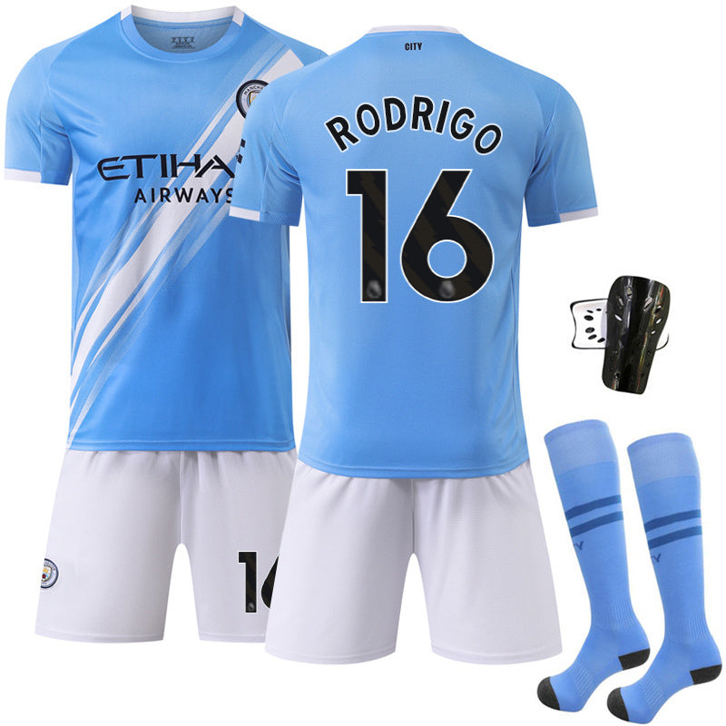 Beakey Manchester City Home Jersey Black Font RODRIGO #16 Soccer Jersey Kids Adult 4Pcs Jersey Kits