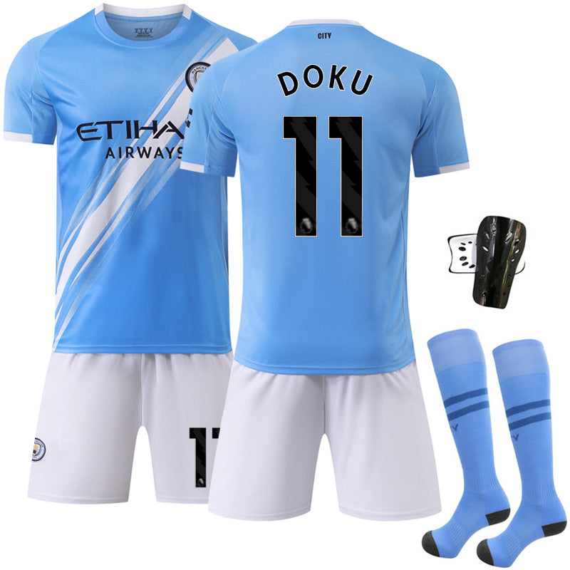 Beakey Manchester City Home Jersey Black Font DOKU #11 Soccer Jersey Kids Adult 4Pcs Jersey Kits