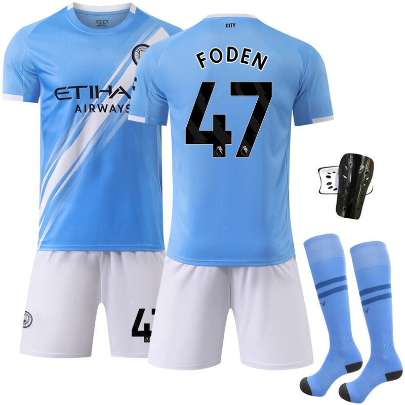 Beakey Manchester City Home Jersey Black Font FODEN #47 Soccer Jersey Kids Adult 4Pcs Jersey Kits