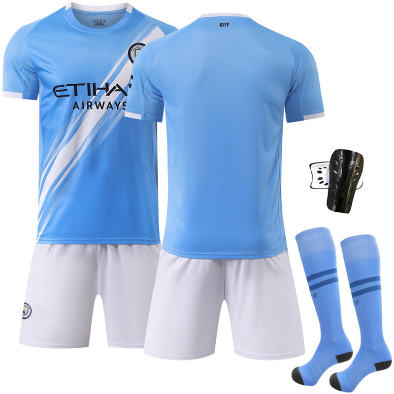 Beakey Manchester City Home Jersey Black Font Soccer Jersey Kids Adult 4Pcs Jersey Kits