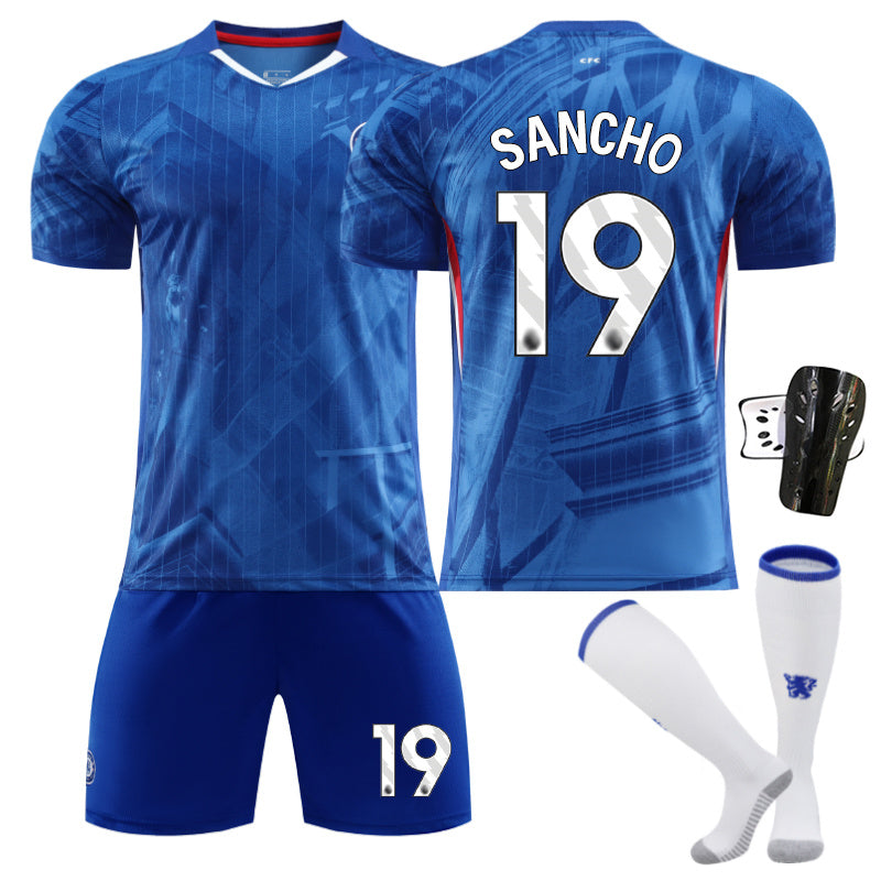 Beakey Chelsea Home Jersey Black Font SANCHO #19 Soccer Jersey Kids Adult 4Pcs Jersey Kits
